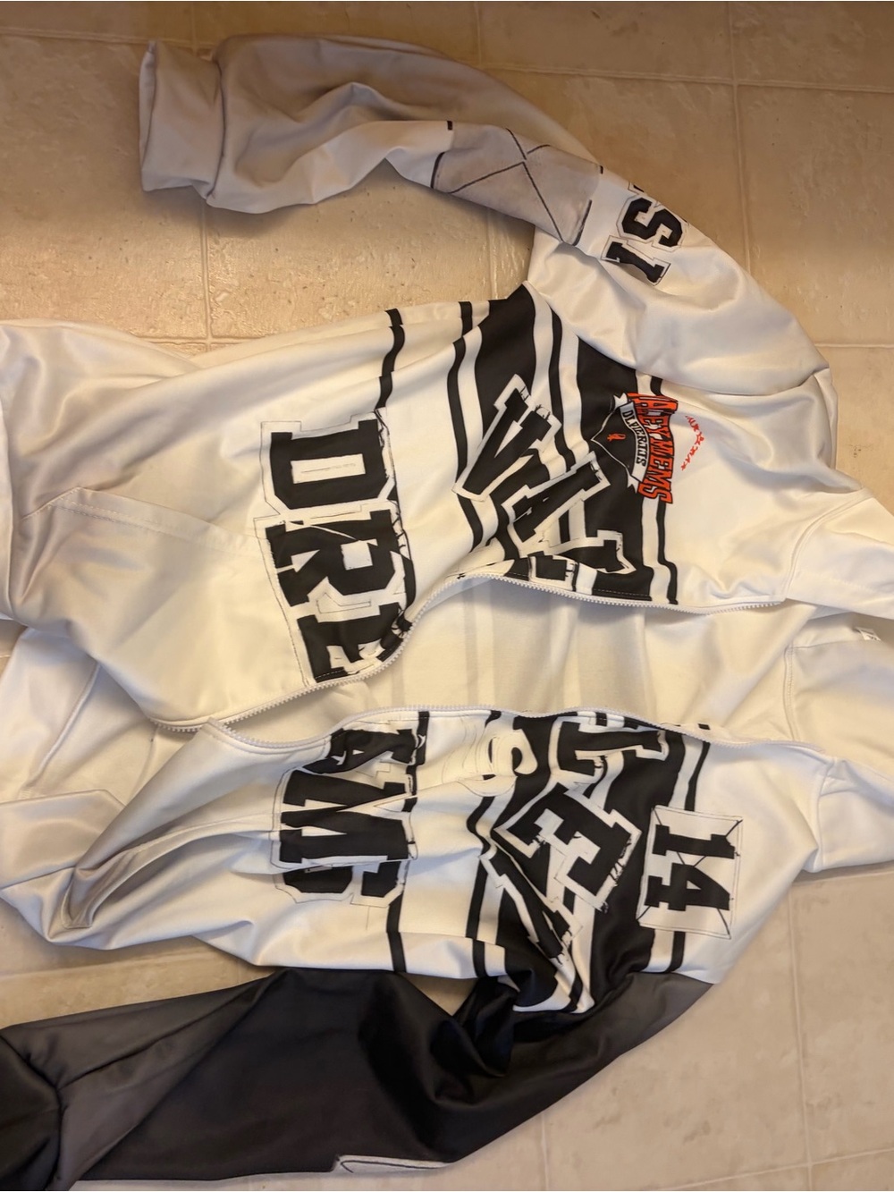 White and Black Graphic Zip-Up Bomber Jacket